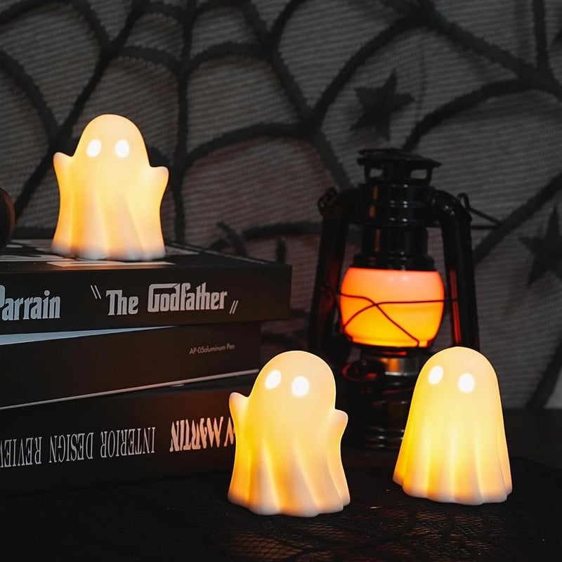 NEROSUN 3 Pack Cute Ghost Light Up Halloween Decor, LED White Ceramic Spooky Flameless Lanterns Decorative Light Fall Halloween Party Decoration for Home Bedroom Room Table Shelf - Image 1